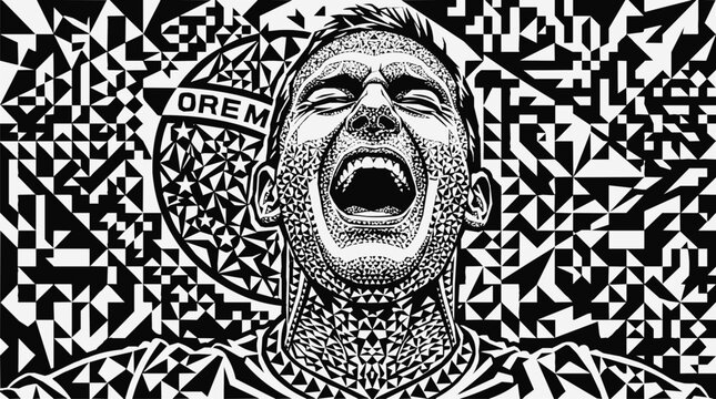 Abstract art - Abstract Geometric Portrait of a Shouting Man with Brazil Flag Elements Representing Victory and Emotional Celebration in Black and