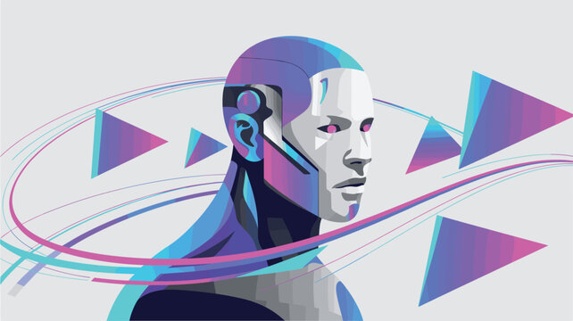 A robotic cyborg figure with glowing pink eyes stands surrounded by floating geometric triangles and curved neon light trails in a clean space.