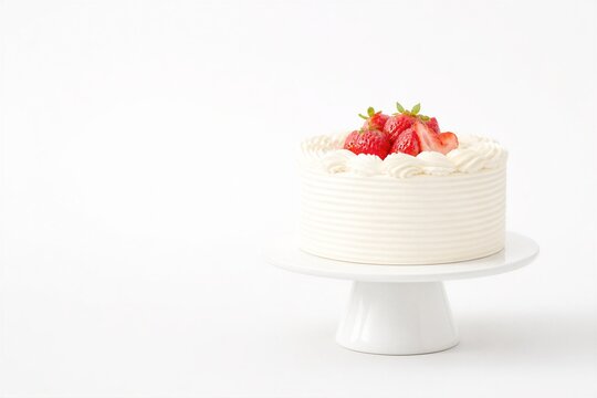 White cake sits on pedestal, decorated with strawberries. Creamy frosting swirls around the base, elegant and sweet. Fresh strawberries add vibrant red contrast against soft white