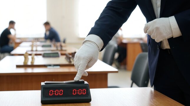 Arbiter wearing white gloves pressing the button on a digital chess clock showing zero