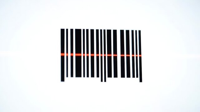A barcode with vertical black stripes against a white background, scanned with red light