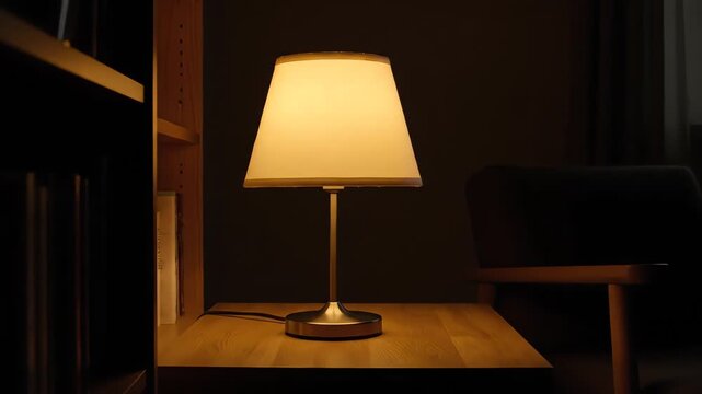 A bedside lamp glows on a wooden table next to a shelf in a dark room