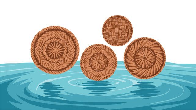 Three distinct woven baskets with varied patterns float on a blue water surface with concentric ripples and soft shadows underneath.