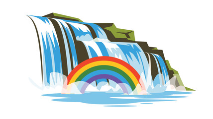 Fototapeta premium A vibrant rainbow arches gracefully over a multi-tiered waterfall cascading down dark rocky cliffs into a serene turquoise water pool.