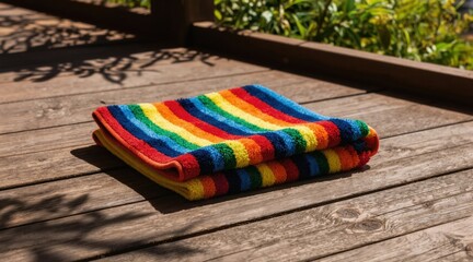 Obraz premium Folded rainbow striped towel sits on weathered wooden deck in bright sunlight. Soft fabric contrasts with rustic planks, suggesting summer relaxation, pool or beach leisure. Gentle shadows add depth.