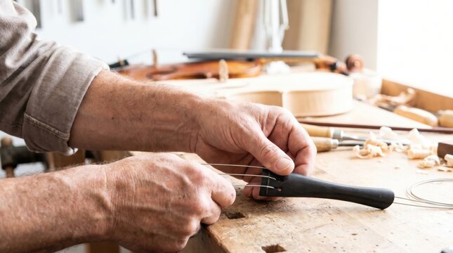 Luthier adjusting the tailpiece of a wooden string instrument on a workbench