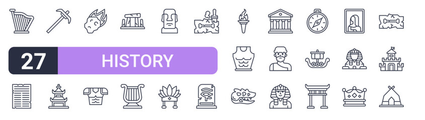 Set of 27 thin stroke History icons for software, online tools and business layouts. Outline collection featuring harp, stonehenge, archeology, greek temple and crown. © Sophie