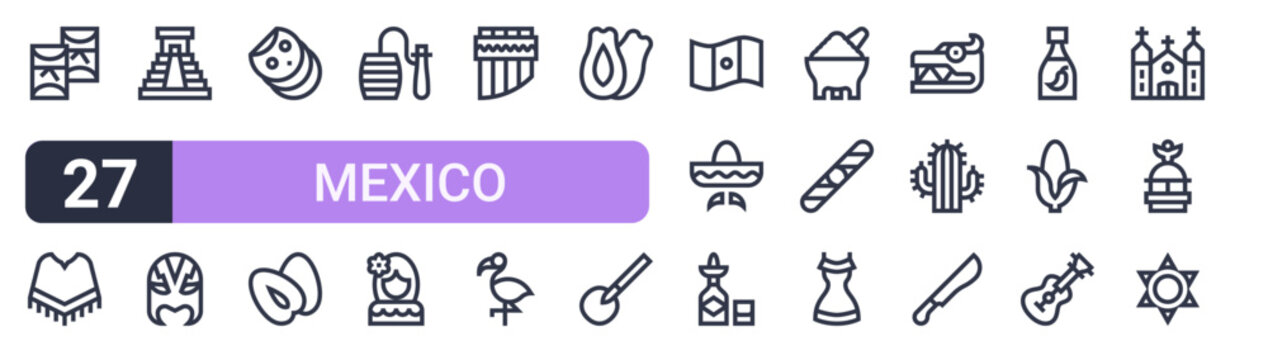 Set of 27 thin stroke Mexico icons for software, online tools and business layouts. Outline collection featuring tamales, balero, papaya, molcajete and guitar.
