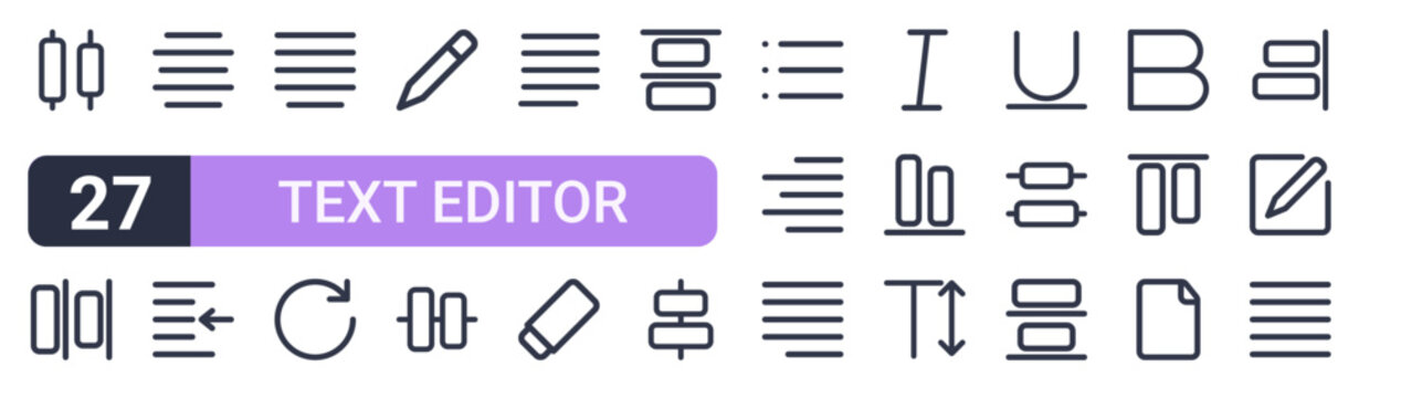 Set of 27 thin stroke Text Editor icons for software, online tools and business layouts. Outline collection featuring distribute objects, pencil, top alignment, italic and new page.