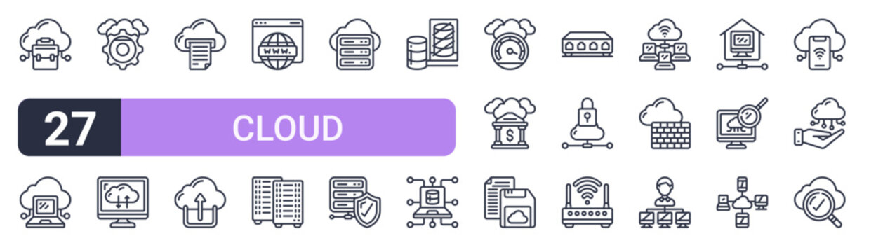 Set of 27 thin stroke Cloud Computing icons for software, online tools and business layouts. Outline collection featuring cloud computing, hosting, database, server control and cloud computing.
