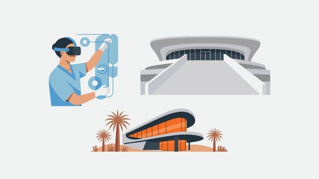 A surgeon in VR interacts with a data panel next to two architectural building designs, one modern and one tropical.