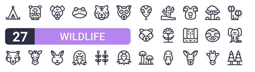 Set of 27 thin stroke Wildlife icons for software, online tools and business layouts. Outline collection featuring camping tent, frog, lemur, cactus and giraffe. © Sophie