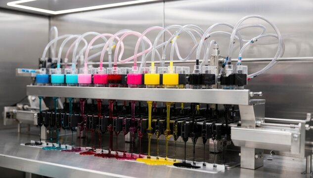 Color ink cartridge filling station viewed in medium shot highlighting the simultaneous filling of multiple color sets in a clean efficient production environment.