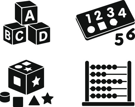 Black and white educational icons for children