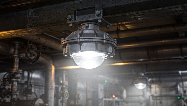Medium shot of ceilingmounted explosionproof lighting fixture illuminating a hazardous industrial environment with robust sealed design for safety and durability.
