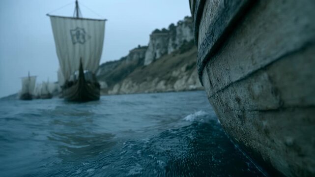 Viking longships sailing towards rocky cliffs on misty sea. Fleet of ancient warships approaching coastal landscape. Historical naval exploration and adventure concept.