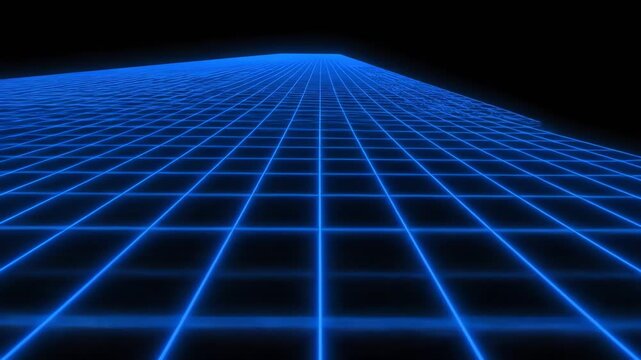 A blue neon grid perspective extends into the darkness, with a horizon-like rise