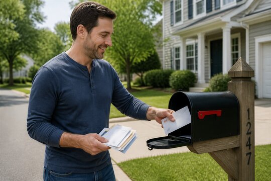 Man smiles while placing mail in a mailbox. He holds letters in his other hand. The mailbox is mounted on a wooden post. House stands behind green trees