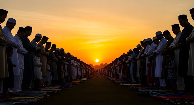 Muslim community prays outdoors during a golden sunrise for Eid festival.