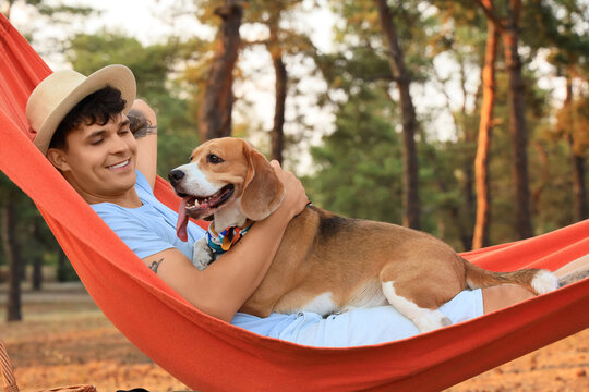 Young man with Beagle dog lying in red hammock outdoors