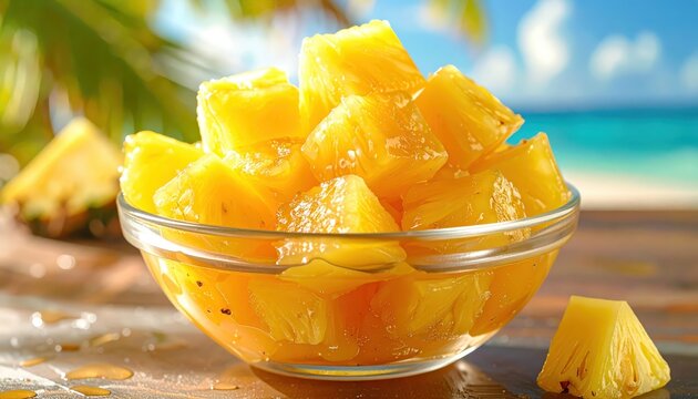 Artfully arranged glazed pineapple cubes in a clear bowl, showcasing tropical sweetness and refreshing appeal