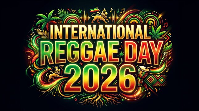 Vibrant international reggae day 2026 text with colorful cultural graphic elements
