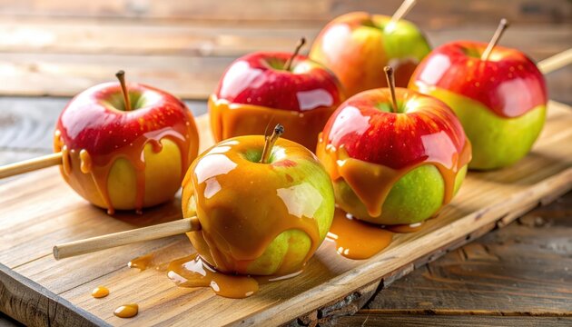 Artfully Presented Candied Apple Slices Drenched in Rich Caramel Sauce on a Rustic Wooden Surface