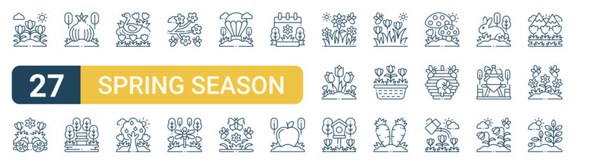 Obraz premium Set of 27 thin line Spring Season icons for app screens, websites and product dashboards. Outline vector pack featuring flowers, ladybug, onion, park, duck and tree.