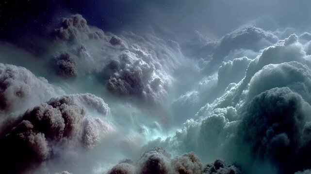 Swirling cosmic clouds forming nebula in starry night sky. Evolving space storm sequence with ethereal vapors. Sci-fi visualization of interstellar atmosphere and galactic phenomena for futuristic