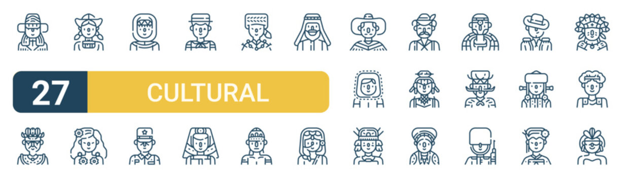 Set of 27 thin line Cultural Avatars icons for app screens, websites and product dashboards. Outline vector pack featuring sami, shona, Dutch, hawaiian, doan and north korean.