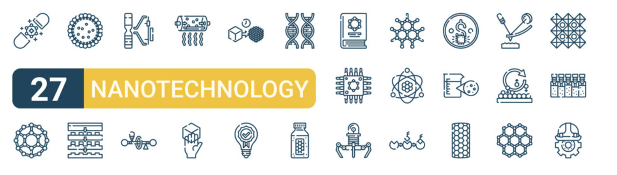 Set of 27 thin line Nanotechnology icons for app screens, websites and product dashboards. Outline vector pack featuring molecular medicine, nanotechnology, layer, nanofabrication, probe and