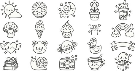 Kawaii Doodle Set Black line Vector Illustration Of Cute Objects © Abdullah_creativity