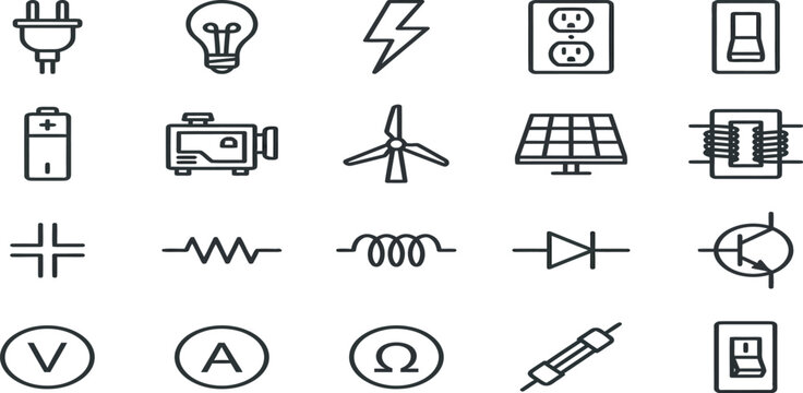 Electrical And Energy Icons Line Style On White Background