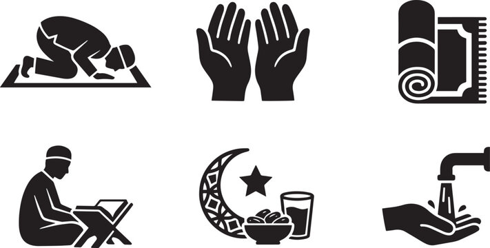Islamic worship and Ramadan elements set with sujud praying hands, prayer mat, Quran reading, and wudu vector icons