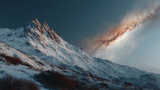 Snowy mountain peak under Milky Way galaxy. Night sky with starry arch over winter landscape. Cosmic astronomy and alpine nature blend in space exploration visualization.