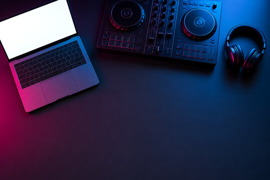 Modern dj setup top view featuring blank screen laptop mixing controller and headphones illuminated by vibrant pink and blue neon lights on dark desk.