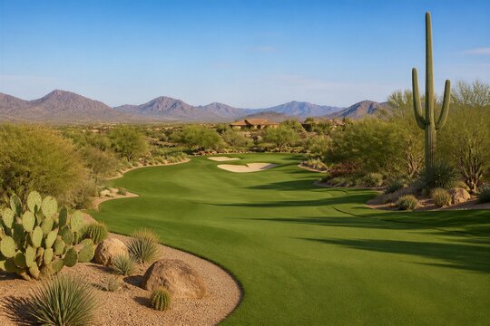Golf course curves through desert terrain. Cactus and saguaro trees dot the landscape. Green fairway contrasts with brown earth and gravel. Mountains stretch across the clear blue sky