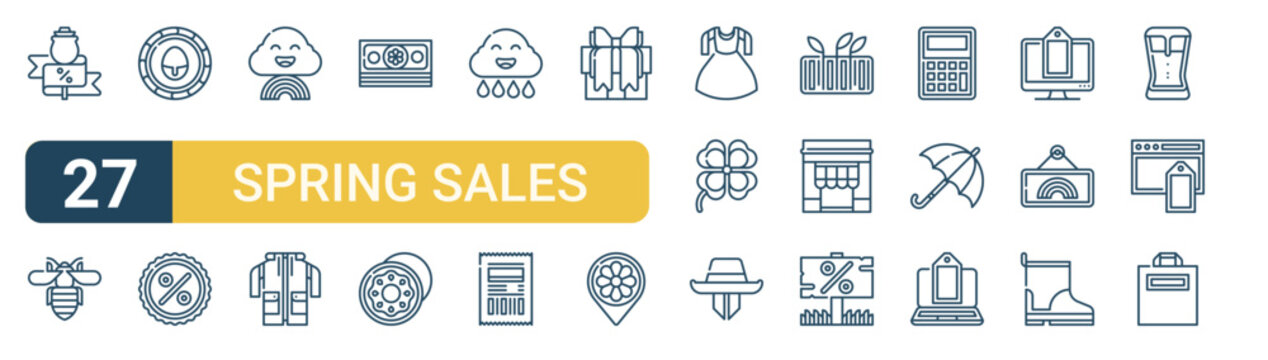 Set of 27 thin line Spring Sales icons for app screens, websites and product dashboards. Outline vector pack featuring flower bud, bee, easter egg, percentage, rainbow and raincoat.