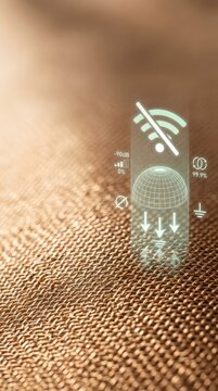 Conceptual copper mesh Faraday fabric with holographic electromagnetic shielding interface and wifi signal block icon, copy space