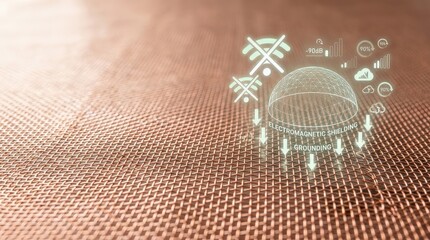 Obraz premium Conceptual copper mesh Faraday fabric with holographic electromagnetic shielding interface and wifi signal block icon, copy space