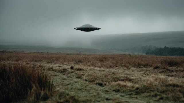 Ufo saucer hovers in misty moorland sky. Alien craft appears over foggy rural landscape. Extraterrestrial flying object sighting in atmospheric countryside phenomenon.