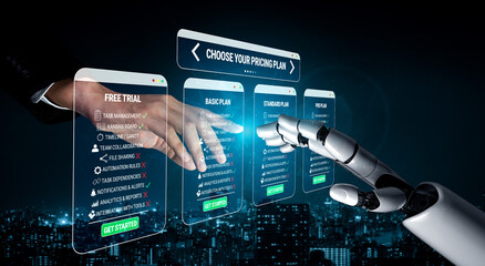Futuristic concept of human and robot interaction selecting digital pricing plans in a cityscape...