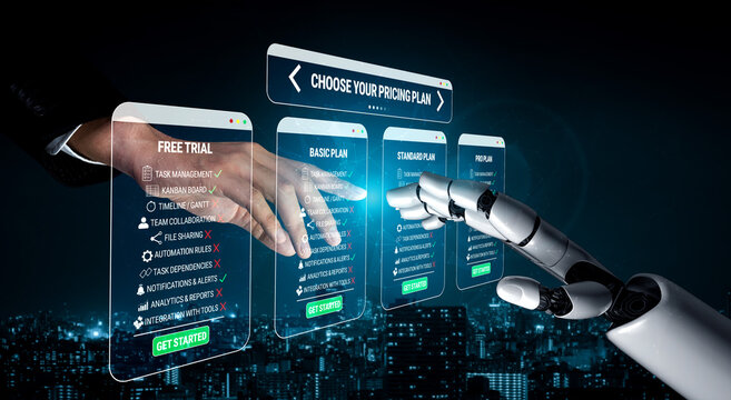 Futuristic concept of human and robot interaction selecting digital pricing plans in a cityscape with touchscreen interfaces for subscription services Quark.