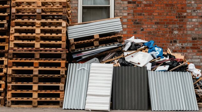 Wooden pallets stack near construction rubbish pile by brick wall. Metal sheeting leans against rubble, mixed materials, bags of waste, and debris represent disarray and site cleanup.