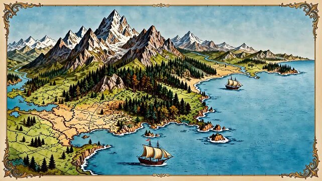 Map of coastal mountain landscape with ships