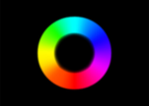Rainbow circle radial gradient frame isolated on black background. Vibrant spectrum color ring wheel with full hues range. Round RGB palette. Vector illustration