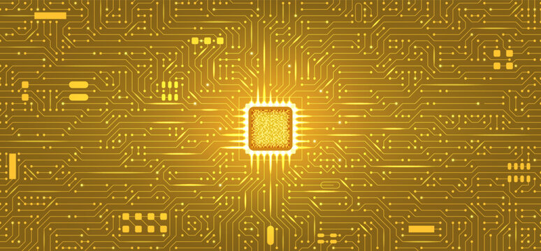 Golden style semiconductor chip with circuit lines microchip network abstract. Digital gold semiconductor AI processor concept bg. IT bronze motherboard modern background with electronic connections. 