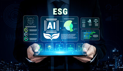Fototapeta premium Business professional analyzing environmental, social, and governance metrics through digital interface with artificial intelligence elements and data visualizations Quark.