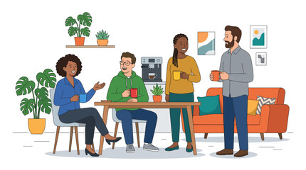 Fototapeta premium Diverse group of colleagues enjoying coffee break and conversation in a modern office lounge area with plants and art