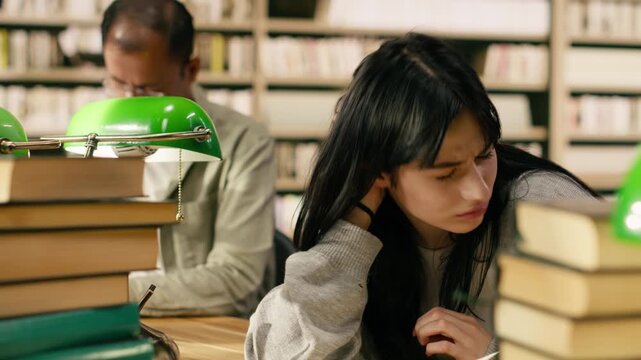 Tired student struggling while reading open book for exam preparation, stress and fatigue at university library.